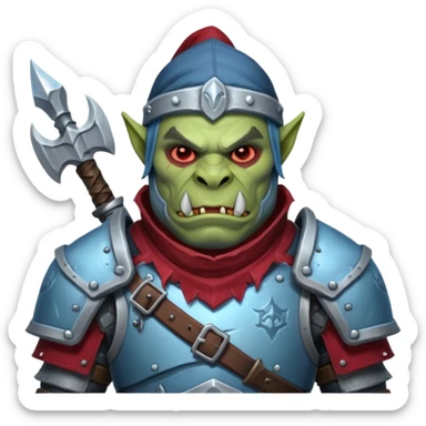 
Fantasy Christmas orc legion soldier icon, iron tundra army theme, heavy winter armor, disciplined brutal look, icy blue steel armor with deep crimson accents, frozen metal texture, cold winter atmosphere, male variant sticker