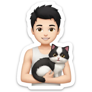 a pretty bratz boy with black hair and white sleeveless tank with a white persian cat smiling sticker
