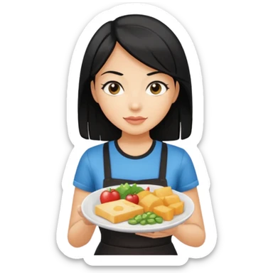 waitress with black hair and a food plate with a black tshirt sticker