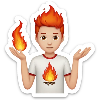 A boy with no hands fire instead made out of red fire and the boy is wearing a shirt that says FIRE CREATOR  sticker