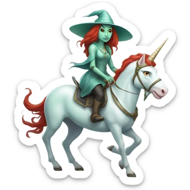 [politically incorrect, (
	{ female, alien, witch, color: light green, hair:red, eyes:cat} ]
	on a 
	[{ unicorn: white, legged:four, mane: light blue }]) sticker