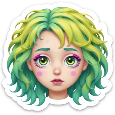 messy, wavy chartreuse hair, with pink specks, bushy eyelashes, and big round eyes, with irises that are teal on the outside and yellow on the inside while making a pouty face more light on the hair pls sticker