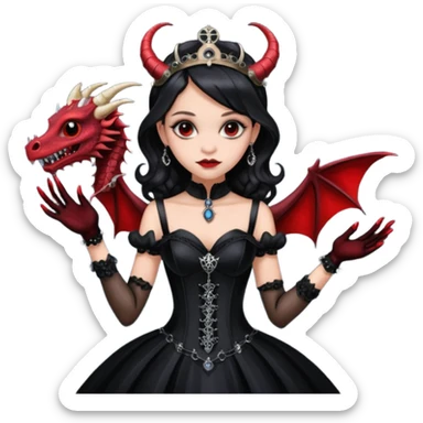 Lavish black evening gown with see-through gloves, Jenna Ortega as Addams woman wearing a steampunk mini tiara, very large blood red evil-looking horned old dragon sticker