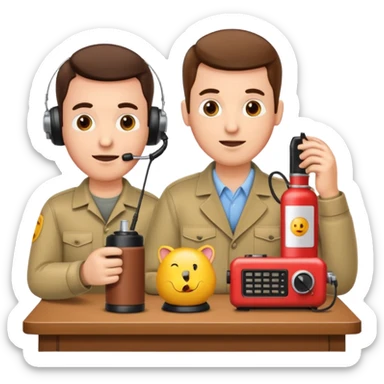 a ham radio operator man talking on the radio, with a mate and a thermos on the table, emoji style sticker