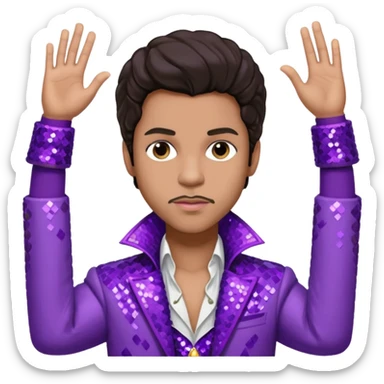 Prince Rogers Nelson with dark brown hair, purple sequin jacket, white shirt sticker