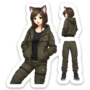 Edgy cool shy beautiful pretty anime punk tomboy with cat ears techwear cargo pants hoodie brown hair sticker