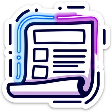 newspaper with headlines and neon glow effect, blue neon glow on top left, purple neon glow on bottom right sticker