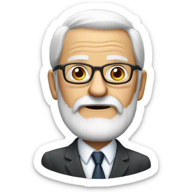 Create an emoji of an elderly, wise man with a white beard and glasses, wearing a business suit and tie, with a thoughtful expression. He should look like an expert in advertising, with a subtle creative touch like a pen or notepad sticker