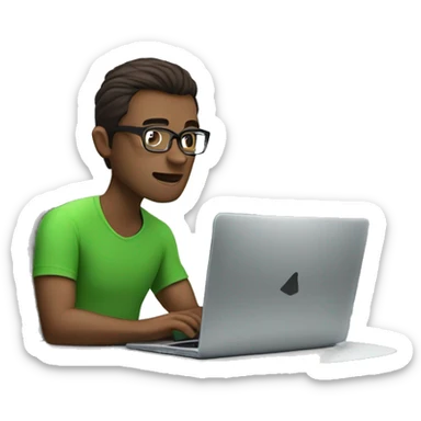 white guy with dark brown hair square glasses typing in laptop wearing green t-shirt working in call center sticker