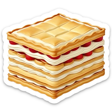 mille-feuille-cinematic-realistic-mille-feuille-dessert-emoji,-depicted-as-a-rectangular delicate-pastry-composed-of-two-crisp-layers-of-puff-pastry-with-a-rich-cream-filling,-rendered-with-intricate-textures-and-elegant,-soft-lighting. Please only show two layers only. sticker