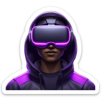Cyberpunk style. Violet neon. White skin man in the black hoody with violet OMG VR logo on it. Man in vr headset oculus quest 2 sticker
