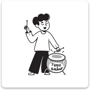 a lively person enthusiastically beating a drum with the words 'tung tung tung tung sahur', capturing the festive spirit of sahur drumming during Ramadan, hand drawn doodle style sticker