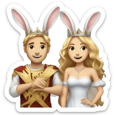 Two rabbits a girl and boy they both have crowns on because they are a queen and king. Boy has blonde hair, girl has long brown hair. They are holding a sign saying Team Bunny Forever  sticker