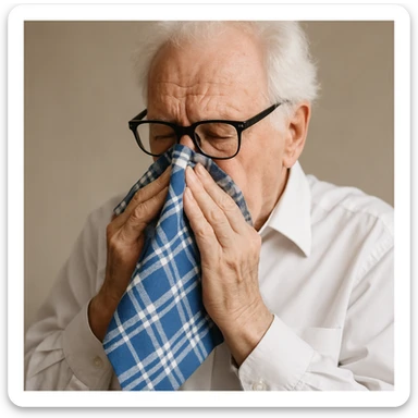 old man with white hair, white skin, black-framed glasses, wearing a white shirt, blowing his nose on a large thick blue and white checkered handkerchief sticker