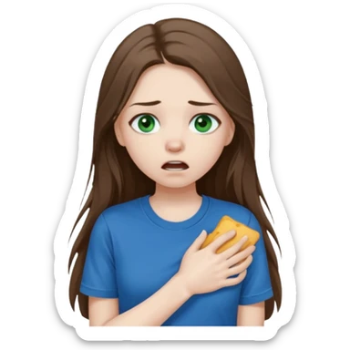 Cute girl with pale skin, long brown hair, dark green eyes and blue t shirt who is chocked sticker