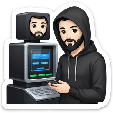 hackeur blanc cheveux noir barbe et capuche noir à côté d'un server ia sticker