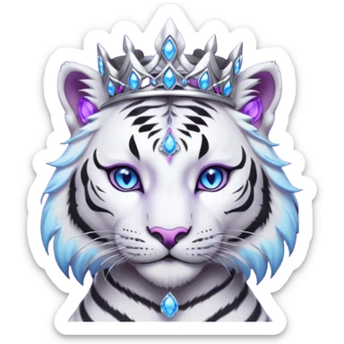 ESO Female white/black tiger khajiit leader of the umbral rose, glowing blue eyes, glowing blue 'third eye' gem; beautiful desined purple gemmed silver tiara sticker
