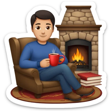 Handsome 45 year old man with dark hair sitting by a fireplace with a hot drink and a book. sticker