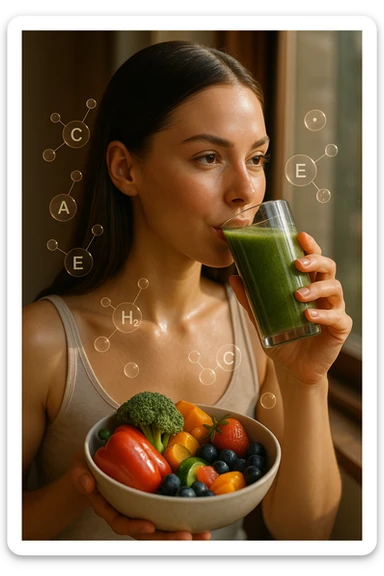 A highly realistic, cinematic portrait of a young woman in her late 20s with glowing, clear, healthy skin and a vibrant scalp with strong, shiny hair, symbolizing internal health reflecting outward. She has a calm, confident expression while sitting by a window with warm daylight softly illuminating her face, highlighting smooth, hydrated skin with a natural glow. Her hair appears clean, full, and strong, indicating a healthy scalp and balanced sebum production. She is drinking a glass of green smoothie rich in antioxidants and holding a bowl of colorful fruits and vegetables, symbolizing how internal nutrition supports skin and scalp health. Subtle, softly glowing overlays of molecular symbols for vitamins, minerals, and hydration molecules gently swirl around her, visually representing the concept of beauty and skin health from the inside out. Style: 35mm hyperrealistic film look, warm tones, soft depth of field, focusing on clear skin texture, healthy scalp, and vibrant hair to inspire holistic wellness sticker