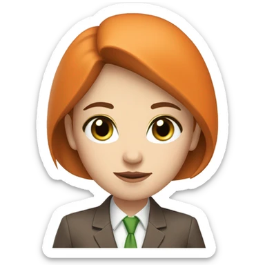 young woman with green eyes, pale white skin, and brown hair in an orange business suit sticker