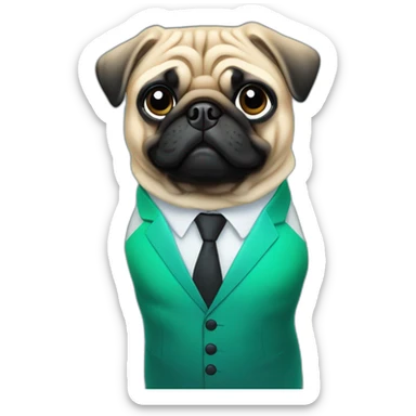 pug-in-gradient-green-blue-suit-with-blonde-hair-and-black-eyes-standing-with-black-shoes sticker