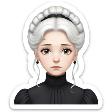 A Victorian woman with elegant coiffed white hair and light eyes wearing a modest unadorned monochrome black turtleneck mourning dress with puff sleeves looking down with a forlorn expression sticker