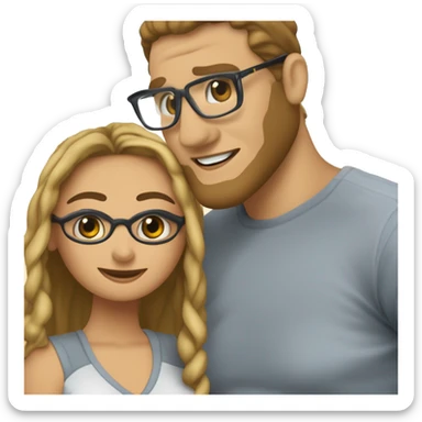 Hazme una pareja donde la mujer sea pelinegra, labios gruesos, piel trigueña, con gafas, y cabello largo. Dónde el hombre sea piel blanca, y el cabello pelicastaño. Y hayan 2 goldens en el medio  sticker