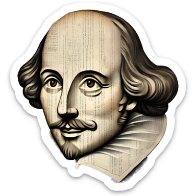 Shakespeare made of newspaper cuttings wearing flowers, stained glass, fairy lights, bokeh, annotated sketch, handwritten letters, collage of intricate patterns, lantern, bokeh, blur sticker