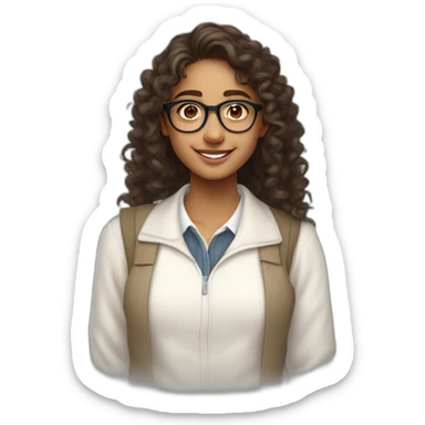smiling indian teenage girl with curly hair and glasses wearing a collared long sleeve white shirt under a white sweatervest sticker