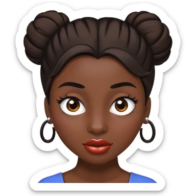 Une femme à la peau noire avec un chignon haut et les cheveux sont bruns avec un œil marron et un œil marron très très claire et une grosse bouche et des gros sourcils sticker