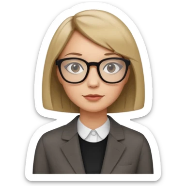 woman dark blonde petite bob haircut wears dark squarish glasses, classic clothes sticker