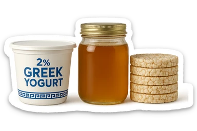 Yogurt Greco 2%
Miele (senza il cucchiaio di legno)
Gallette di Riso
vista frontale, iperrealistico 4k sticker