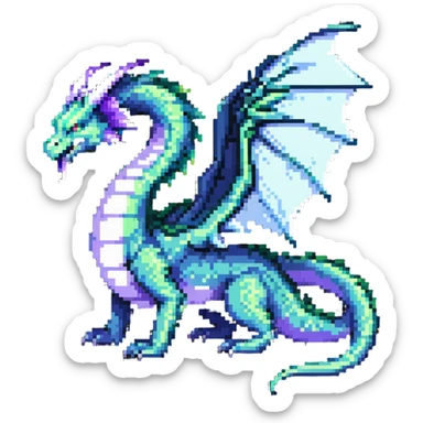 fantasy wyrm, serpentine body, big wings, long tail, shimmering green, blue, and purple colors sticker