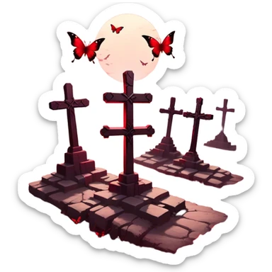 A mystical landscape where crimson butterflies rest upon ancient, weathered crosses, their delicate wings glowing against the dark surroundings. The air is filled with a deep red haze, intensifying the ethereal, almost sacred atmosphere. sticker