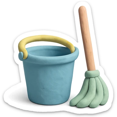 bucket and mop in claymation style, pastel colors, visible fingerprints, soft matte finish sticker