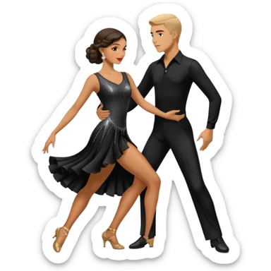 Dancesport professional latin competitor couple dancing the rumba, the women is in skinny short sparkly dress, the man is in black shirt and black classic pants  sticker