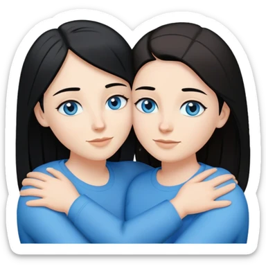 Lesbian couple in a loving embrace. One white with black straight hair and blue eyes. One white with brown straight hair and blue eyes.  sticker