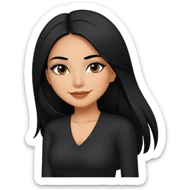 beautiful woman, with long straight black hair, with make up, black eye liner, smile, mexican, brown skin, wearing beautiful sexy black outfit, she has a shy attitude  sticker