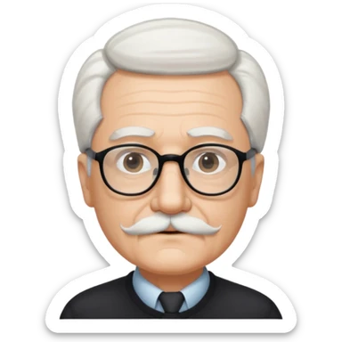 An elderly man with neatly combed white hair swept back, giving a tidy and classic look, and wears black rectangular glasses. His face is oval-shaped with  a small white mustache above his lips.d. sticker