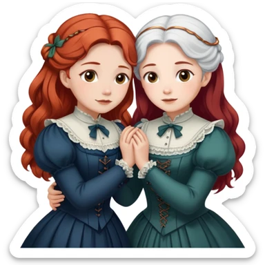 Two modest Victorian women hugging, one with white hair and one with copper red hair, wearing long Victorian dresses sticker