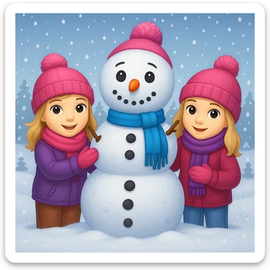 Add a snowy background behind the kids building a snowman, keep the original emoji style sticker