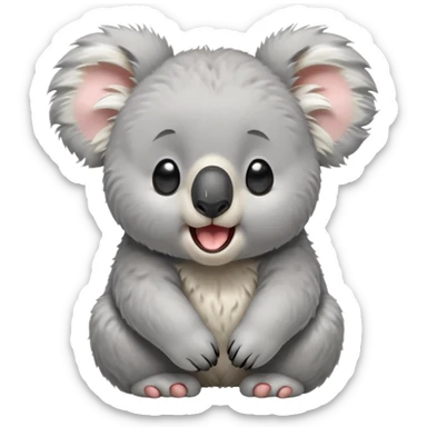 cinematic-cute-yawning-fluffy koala-portrait-emoji,-head-tilted-slightly-with-a-dramatic,-wide-open-yawn,-showcasing-a-soft,-downy-grey-fur-with-drooping-ears-and-round-eyes-barely-open-in-drowsy-contentment,-simplified-yet-irresistibly-adorable, realistic fluffy sticker