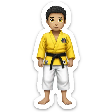 Full body Asian boy with short curly hair wearing jiujitsu gi with a yellow belt  sticker