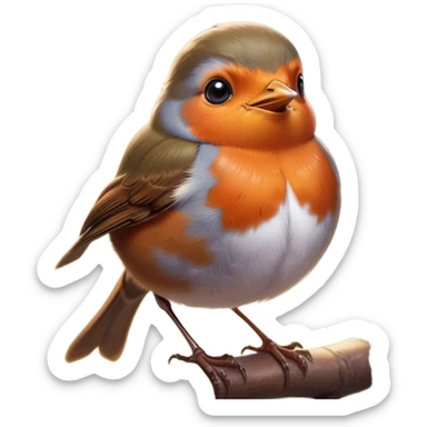 Cinematic Cute Robin Portrait Emoji, Head tilted playfully and inquisitively, featuring a charming, petite form with a vibrant red breast, round, sparkling eyes full of gentle mischief, and a delicate, beak-like smile, Simplified yet irresistibly adorable features, highly detailed, glowing with a warm, inviting glow, high shine, affectionate and lively, stylized with a touch of whimsical woodland charm, soft glowing outline, capturing the essence of a mischievous yet endearing robin that seems as if it could sing out of the screen into your heart! sticker