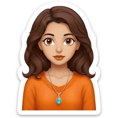 Iranian girl with warm tan skin, wearing an orange wool sweater. She has dark brown, shoulder-length wavy hair, one brown eye, and slightly full lips. She also wears a delicate necklace. sticker