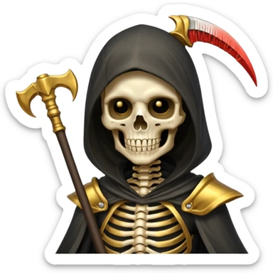 feminine skeleton grim reaper in a gold with scythe sticker