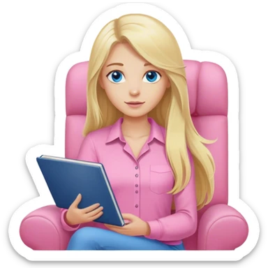 A cinematic realistic blonde with long hair and blue eyes, dressed in a pink shirt, sits on an armchair with a notebook in her hands sticker