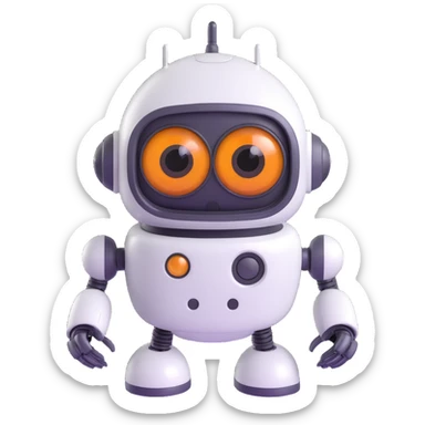 Friendly robot with big expressive eyes — round head, glossy finish, slightly clumsy but charming (think Wall-E meets Baymax). sticker