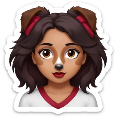One latina girl with long beautiful dark hair and dark eyes in a dark red v neck and makeup with one black brown and white tricolored  Australian shepherd large sticker