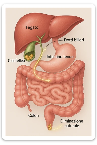 A realistic, educational medical illustration showing the human digestive tract focusing on the liver, gallbladder, bile ducts, and intestines. The gallbladder is depicted with small gallstones inside. A soft glowing arrow indicates the flow of bile and small stones moving naturally from the gallbladder through the bile ducts into the intestines. In the colon, small softened gallstones are shown being prepared for elimination, symbolizing their removal through bowel movements. The style is clean, precise, and clear with soft anatomical colors (greens, soft reds, and yellows) and faint glowing arrows to illustrate the process. The background is a subtle neutral gradient to keep the focus on the organs and the pathway. The image conveys the concept of natural gallstone elimination through the intestines via the stool in a clear, non-graphic, and educational way in italiano sticker